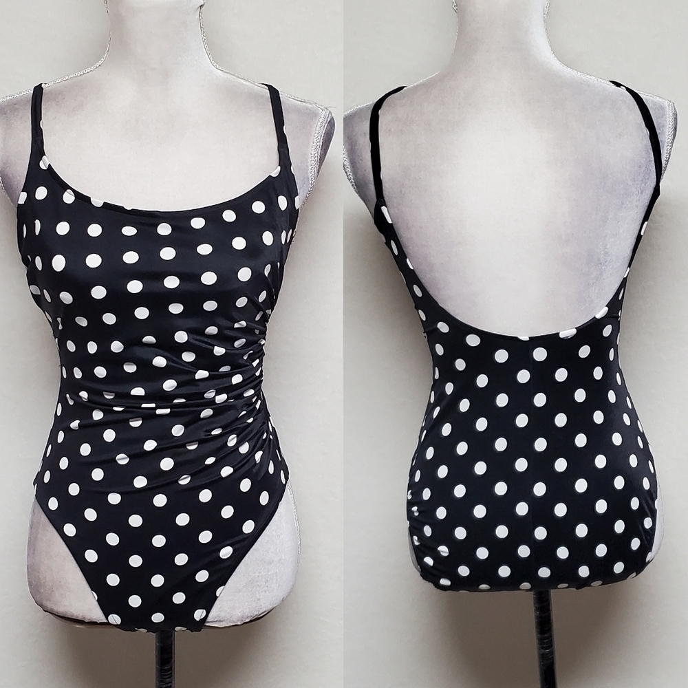 70s Vintage Sirena Black White Polka-Dot Ruched Low Back One-Piece Swimsuit 12